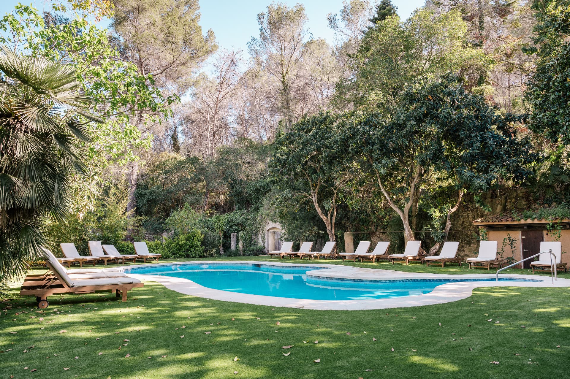 Garden pool with loungers surrounded by trees at the masia